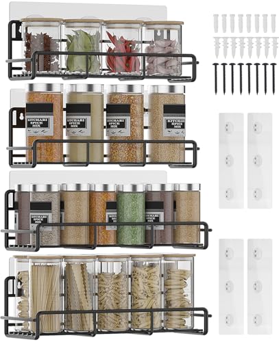AKOZLIN Gewürzregal Wand 4er-Pack für Schranktür Gewürzständer Hakenleiste Hängend Gewürzregal Schranktür Duschablage für Küche Schwarzes Gewürzregal, aufhängbar, bohrbare Schranktür von AKOZLIN