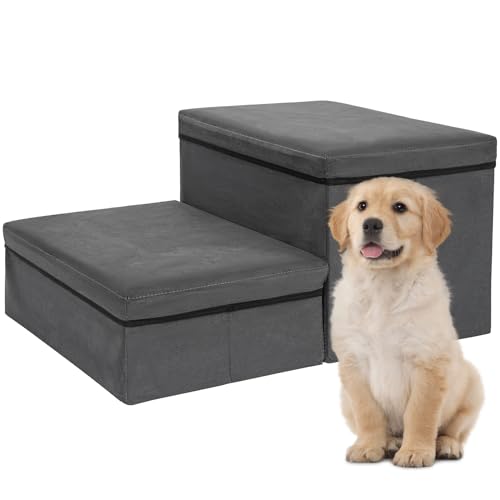 Hundetreppe mit Stauraum 2 Stufen Faltbare 2-in-1 Haustiertreppe Extra Breite Haustierrampe Haustierleiter Haustiertreppe Haustiertreppe für kleine bis große Hunde Katzen, Dunkelgrau von AKOZLIN