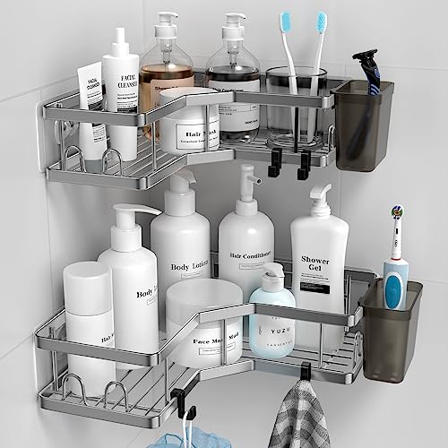AKTECKE Dusch-Caddy: 2er-Pack selbstklebendes Duschregal Dekor - kein Bohren Edelstahl Duschregal mit Haken und Zahnpasta-Halter - Badezimmerzubehör Duschsachen von AKTECKE