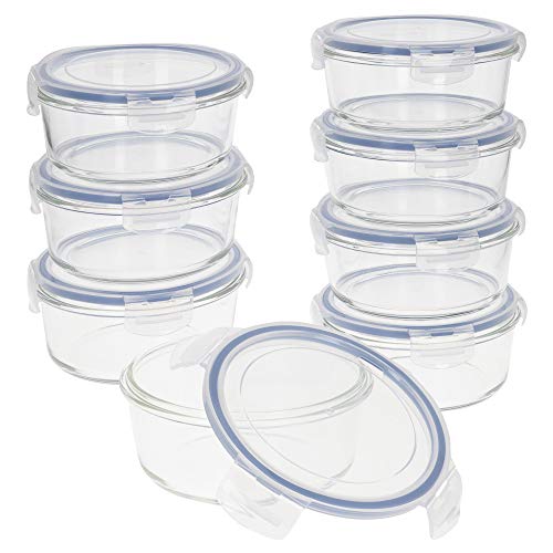 AKTIVE 46 Packung mit 8 luftdichten, Tupper Glas, geeignet für Mikrowelle, Verschluss, 800 Milliliter, transparente Deckel, Lebensmittelbehälter, runde Tapers, 800ml x 8un, 16.5 x 7.5 cm (800 ml) von AKTIVE