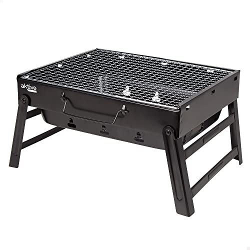 AKTIVE 63031 Tragbarer Holzkohlegrill aus Stahl schwarz und rechteckig, zusammenklappbar, Maße 35 x 27 x 20 cm, mit Griff, leicht zu transportieren, Campinggrill, Terrasse, Balkon von AKTIVE