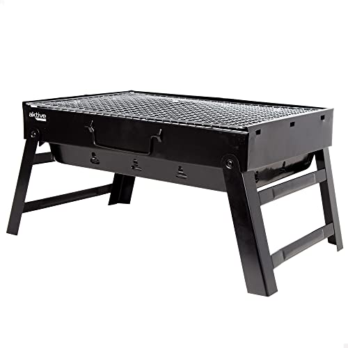 AKTIVE 63032 Tragbarer Holzkohlegrill aus Stahl schwarz und rechteckig, zusammenklappbar, Maße 43 x 29 x 22 cm, mit Griff, leicht zu transportieren, Campinggrill, Terrasse, Balkon von AKTIVE