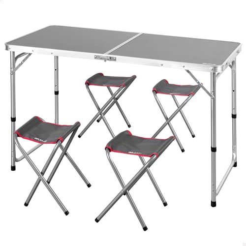 AKTIVE 63161 Klapptisch aus Aluminium mit 4 Hockern aus Stahl, höhenverstellbar von 60-70 cm, Oberfläche 120 x 60 cm, graues Finish, tragbares Design mit Griff für Camping, Strand und Garten AKTIVE 63161 Klapptisch aus Aluminium mit 4 Hockern aus Stahl, höhenverstellbar von 60-70 cm, Oberfläche 120 x 60 cm, graues Finish, tragbares Design mit Griff für Camping, Strand und Garten von AKTIVE