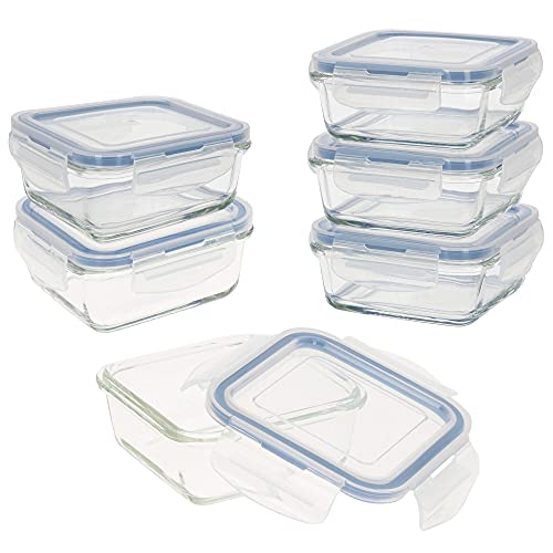 AKTIVE - 6er Pack luftdichte Glasbehälter, mikrowellengeeignet, 12,4 x 12,4 x 5,5 cm (330 ml), transparente Deckel, quadratische Tapers von AKTIVE