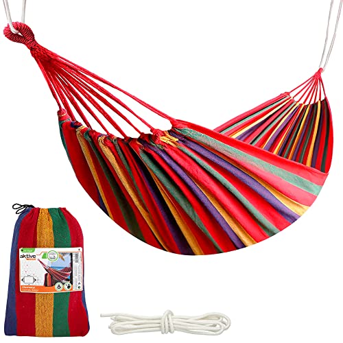 Aktive 52990 - Hängematte aus Baumwolle für Camping und Garten | Gartenhängematte für draußen | Maße 200x100 cm| Bis zu 200 kg belastbar | Mit Tragetasche von AKTIVE
