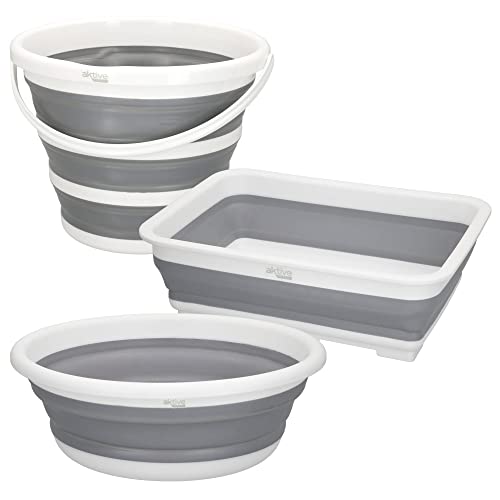 Aktive 52982 - Campingausrüstung, Campingzubehör | 5 Liter Faltbares Campingbecken | 10 Liter Falteimer | 8,5 Liter Falteimer | Robust und langlebig | Klappbares Campinggeschirr von AKTIVE