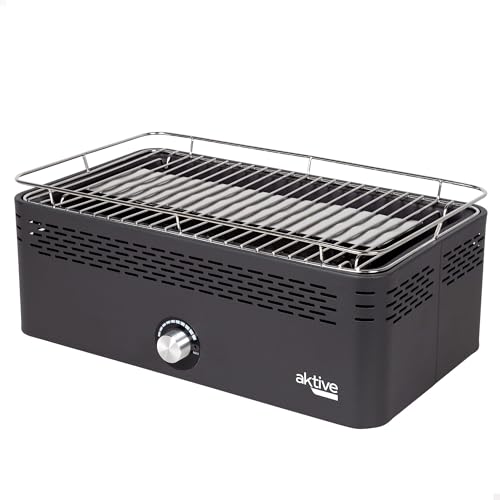 Aktive 63004 - Tragbarer Holzkohlegrill, wiederaufladbar, batteriebetrieben, rauchfrei, schwarz, rechteckig, Tropfschutz, Maße 45x28x19cm, inkl. Tragetasche, Terrassen-, Balkongrill von AKTIVE