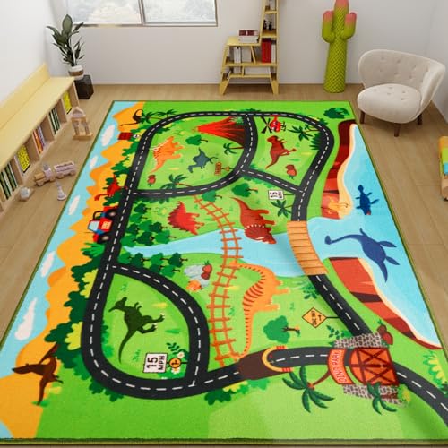 AKUNRUG Autoteppich Kinder,150 X 200 cm Dinosaurier Auto Teppiche Kinder,rutschfest Spielteppich StraßE,Maschinenwaschbar Kinderteppich Jungen füR Spielzimmer,Schlafzimmer,Wohnzimmer von AKUNRUG