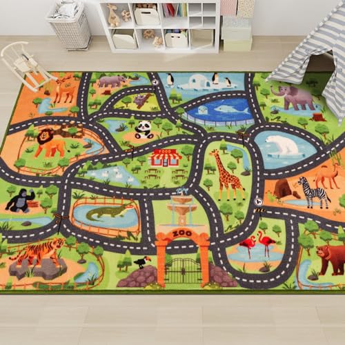 AKUNRUG Autoteppich Kinder,Zoo rutschfest Spielteppich Straße,Tier spielteppich Kinder,Autoteppich Kinder, von AKUNRUG