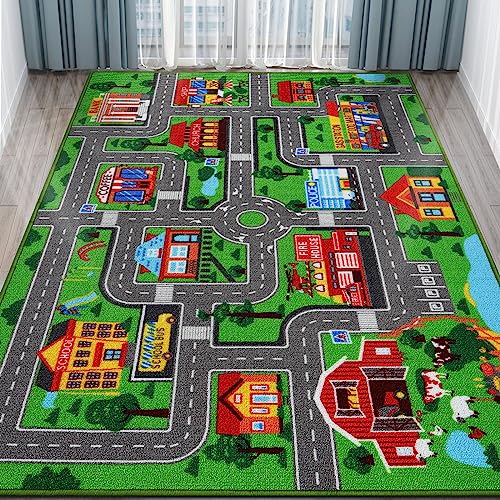 AKUNRUG Kinderteppich mit Autobahn, extra groß, Stadt, Straßenkarte, Teppich für Spielzimmer, Schlafzimmer, Wohnzimmer (150 x 200 cm) von AKUNRUG