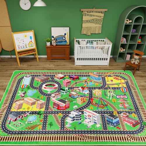 AKUNRUG Kinderteppich, Spielmatte für Spielzeugautos 150×100 cm Stadtleben, 3D-Straßenverkehr, für Spielzimmer, Kinderauto-Straßenteppich, Stadtplan, Spielmatte für Kleinkinder, Familienspielzeit AKUNRUG Kinderteppich, Spielmatte für Spielzeugautos 150×100 cm Stadtleben, 3D-Straßenverkehr, für Spielzimmer, Kinderauto-Straßenteppich, Stadtplan, Spielmatte für Kleinkinder, Familienspielzeit von AKUNRUG