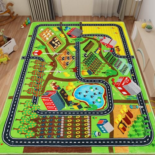 AKUNRUG Kinderteppich,200×150 cm Autoteppich für Spielzeugautos, Bauernhofleben, Straßenverkehr für Spielzimmer, Kinderauto-Straßenteppich, Dorfkarte, Spielmatte Spielteppich für Kleinkinder von AKUNRUG