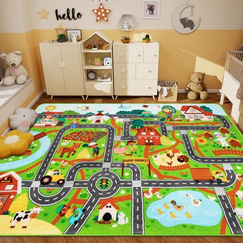AKUNRUG Kinderteppich Autoteppich für Spielzeugautos 150×100 cm, Bauernhofleben, Straßenverkehr für Spielzimmer, Kinderauto-Straßenteppich Dorfkarte Spielmatte Spielteppich für Kleinkinder Bauernmarkt von AKUNRUG