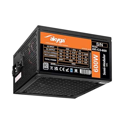 Akyga ATX Netzteil 600W AK-C2-600 Semi-Modular P4+4 2X PCI-E 6+2 pin 5X SATA 3X Molex Fan 12cm 80 Plus von AKYGA