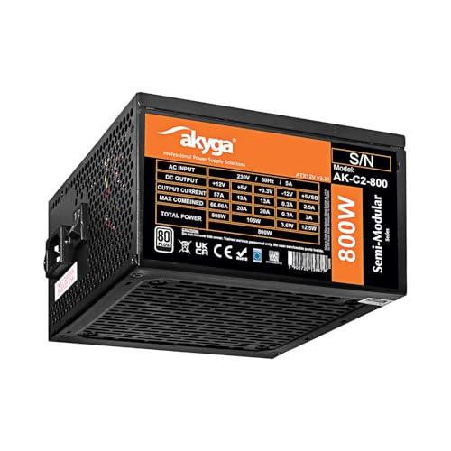 Akyga ATX Netzteil 800W AK-C2-800 Semi-Modular P4+4 2X PCI-E 6+2 pin 6X SATA 3X Molex Fan 12cm 80 Plus von AKYGA
