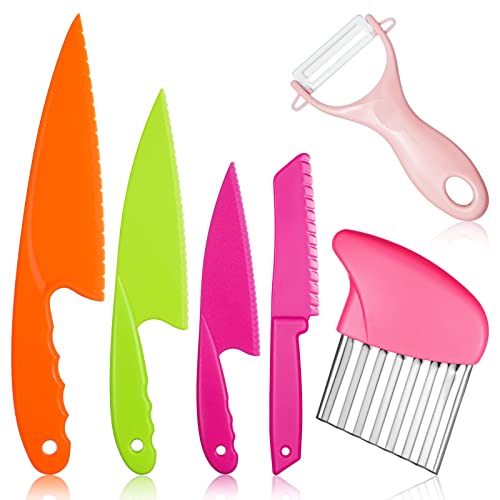 AKlamater 6 x Sicherheitsmesser für Kinder, 4 x Kinder-Kochmesser in 4 Größen, Kunststoff-Schneidebrett und Schälmesser für Gemüse, Obst, Salat, Käse (Rosa) von AKlamater