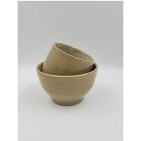 Frühstücksset Keramik - Becher & Schale Im Set Beige, Außen Transparent Glasiert Innen „Winterwald" Handgefertigt, Spülmaschinenfest von AKreativschmiede