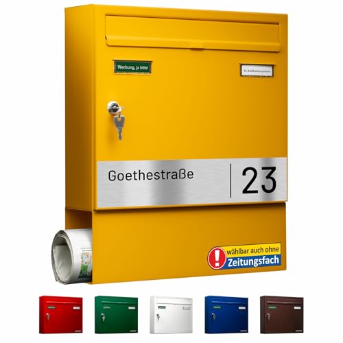 AL Briefkasten Systeme Basic-Line 1er Briefkasten personalisiert mit Namen Schild Straße und Hausnummer - Postkasten Gelb modern mit Zeitungsfach - Gravur wetterfest Wandbriefkasten Zaunbriefkasten von AL Briefkastensysteme