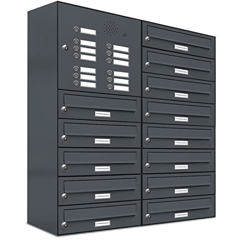 AL Briefkastensysteme 13er Briefkastenanlage mit Klingel Anthrazit Grau RAL 7016, Premium Briefkasten DIN A4, 13 Fach Postkasten modern Aufputz AL Briefkastensysteme 13er Briefkastenanlage mit Klingel Anthrazit Grau RAL 7016, Premium Briefkasten DIN A4, 13 Fach Postkasten modern Aufputz von AL Briefkastensysteme