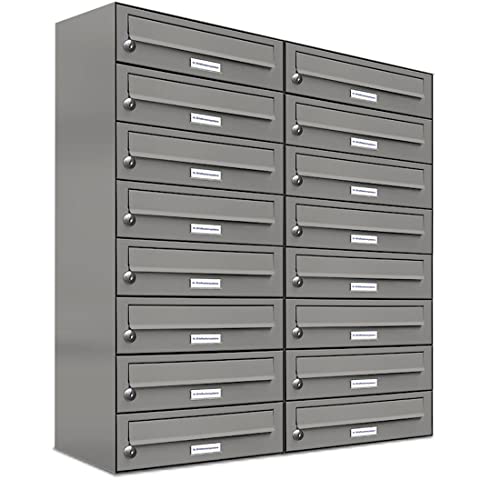 AL Briefkastensysteme 16er Briefkastenanlage Aluminiumgrau RAL 9007, Premium Briefkasten DIN A4, 16 Fach Postkasten modern Aufputz von AL Briefkastensysteme