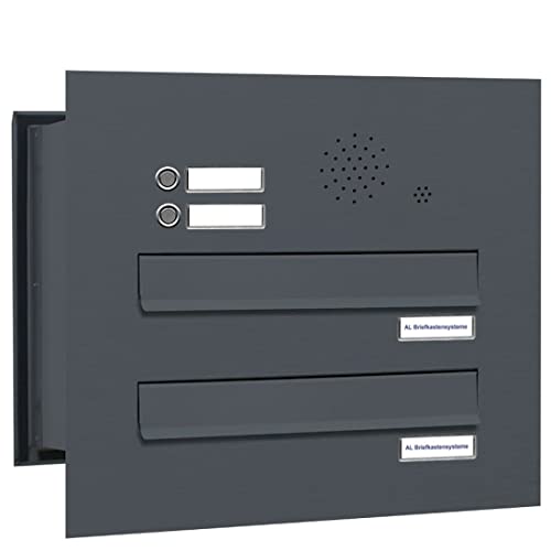 AL Briefkastensysteme 2 er Briefkasten Mauerdurchwurf in Anthrazitgrau RAL 7016 mit Klingel, 2 Fach DIN A4, wetterfeste Premium Briefkastenanlage Postkasten von AL Briefkastensysteme