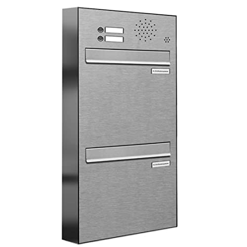 AL Briefkastensysteme 2er Briefkasten für Tür/Zaundurchwurf in V2A Edelstahl mit Klingel, 2 Fach, wetterfeste Premium Doppel-Briefkasten-Anlage modern von AL Briefkastensysteme