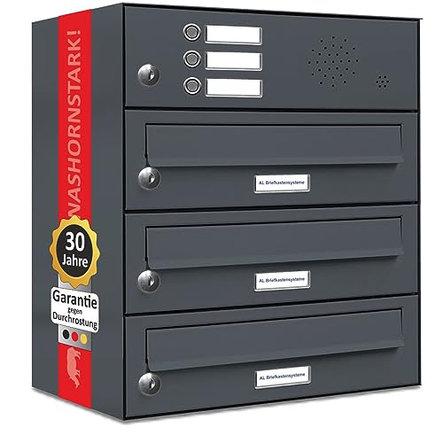 AL Briefkastensysteme 3er Briefkastenanlage mit Klingel Anthrazit Grau RAL 7016, Premium Briefkasten DIN A4, 3 Fach Postkasten modern Aufputz von AL Briefkastensysteme