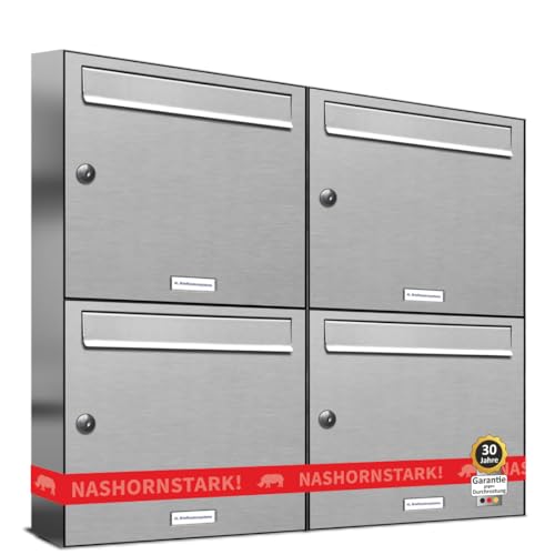 AL Briefkastensysteme 4 er Briefkastenanlage Edelstahl, Premium Briefkasten DIN A4, 4 Fach Postkasten modern Aufputz von AL Briefkastensysteme