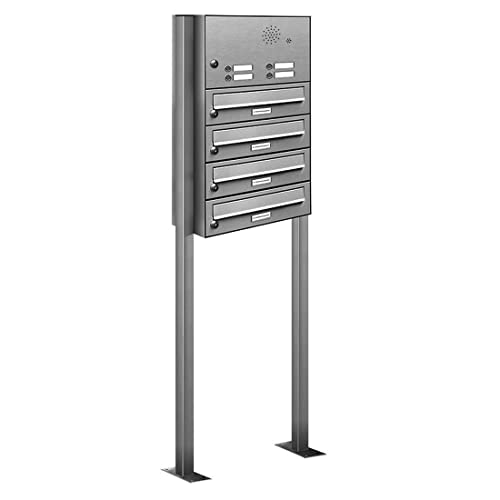 AL Briefkastensysteme 4er V2A Edelstahl Stand Briefkasten mit Klingel rostfrei als 4 Fach Briefkastenanlage DIN A4 in Postkasten Design modern von AL Briefkastensysteme
