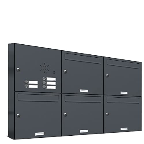 AL Briefkastensysteme 5er Briefkastenanlage mit Klingel Anthrazit Grau RAL 7016, Premium Briefkasten DIN A4, 5 Fach Postkasten modern Aufputz von AL Briefkastensysteme
