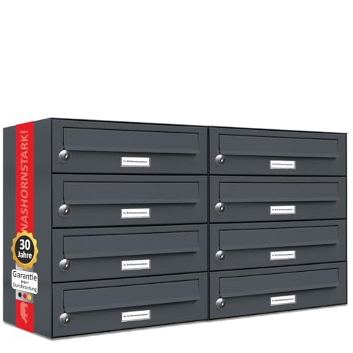 AL Briefkastensysteme 8er Briefkastenanlage Anthrazit Grau RAL 7016, Premium Briefkasten DIN A4, 8 Fach Postkasten modern Aufputz von AL Briefkastensysteme
