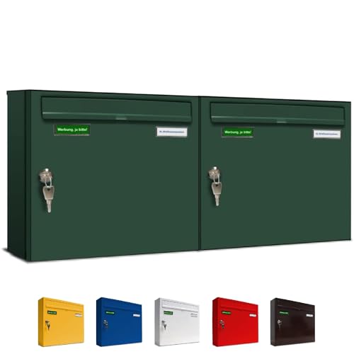 AL Briefkastensysteme Basic 2er Briefkasten RAL 6005 Moos Grün 2 Fach DIN A4 wetterfest Briefkastenanlage mit Posthaltebügel und 2 Namensschildern AL Briefkastensysteme Basic 2er Briefkasten RAL 6005 Moos Grün 2 Fach DIN A4 wetterfest Briefkastenanlage mit Posthaltebügel und 2 Namensschildern von AL Briefkastensysteme