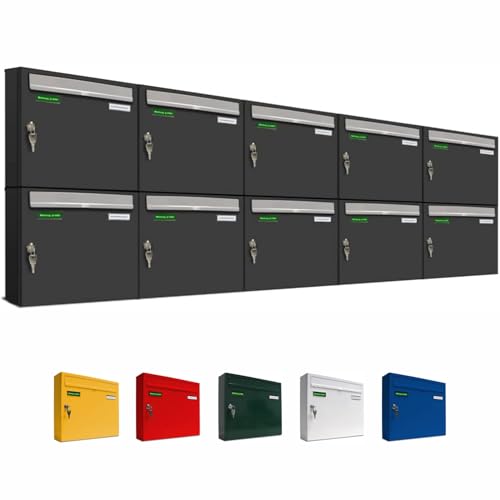 AL Briefkastensysteme Basic 10er Briefkasten RAL 7016 Anthrazit Grau/Einwurfklappe RAL 9006 Weiß Aluminium 10 Fach DIN A4 wetterfest mit Posthaltebügel und 2 Namensschildern von AL Briefkastensysteme