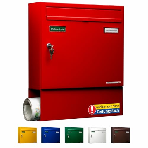 AL Briefkastensysteme Briefkasten mit Zeitungsfach Basic 1er rot RAL 3000 - Postkasten mit Namensschild und Schloss 1 Fach Din A4 wetterfest - Mailbox von AL Briefkastensysteme