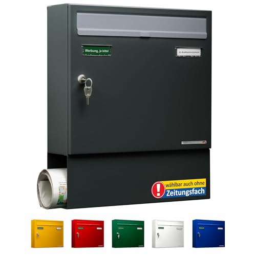 AL Briefkastensysteme Briefkasten anthrazit mit Zeitungsfach Basic 1er Postkasten anthrazit RAL 7016 - Briefkasten mit Zeitungsfach Namensschild und Schloss 1 Fach Din A4 wetterfest von AL Briefkastensysteme
