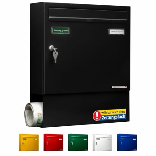 AL Briefkastensysteme Briefkasten mit Zeitungsfach Basic 1er schwarz RAL 9005 - Postkasten mit Namensschild und Schloss 1 Fach Din A4 wetterfest - Mailbox von AL Briefkastensysteme