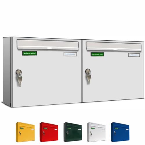 AL Briefkastensysteme Basic 2er Briefkasten RAL 9016 Verkehrs Weiss 2 Fach DIN A4 wetterfest Briefkastenanlage mit Posthaltebügel und 2 Namensschildern von AL Briefkastensysteme