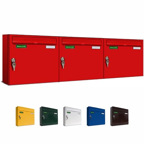 AL Briefkastensysteme Basic 3er Briefkasten RAL 3000 Feuer Rot 3 Fächer DIN A4 wetterfest Briefkastenanlage mit Posthaltebügel und 2 Namensschildern von AL Briefkastensysteme