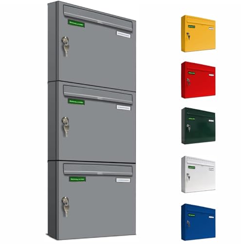 AL Briefkastensysteme Basic 3er Briefkasten RAL 9006 Weiß Aluminium Silber Edelstahl-farbig 3 Fach DIN A4 wetterfest Briefkastenanlage mit Posthaltebügel und 2 Namensschildern von AL Briefkastensysteme
