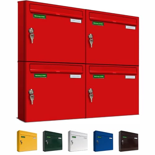 AL Briefkastensysteme Basic 4er Briefkasten RAL 3000 Feuer Rot 4 Fächer DIN A4 wetterfest Briefkastenanlage mit Posthaltebügel und 2 Namensschildern von AL Briefkastensysteme