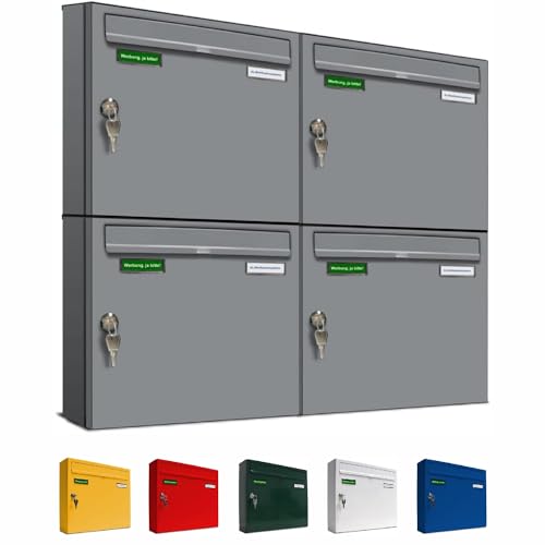 AL Briefkastensysteme Basic 4er Briefkasten RAL 9006 Weiß Aluminium Silber Edelstahl-farbig 4 Fach DIN A4 wetterfest Briefkastenanlage mit Posthaltebügel und 2 Namensschildern von AL Briefkastensysteme