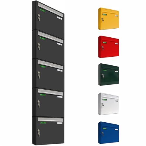 AL Briefkastensysteme Basic 5er Briefkasten RAL 7016 Anthrazit Grau/Einwurfklappe RAL 9006 Weiß Aluminium 5 Fach DIN A4 wetterfest mit Posthaltebügel und 2 Namensschildern von AL Briefkastensysteme
