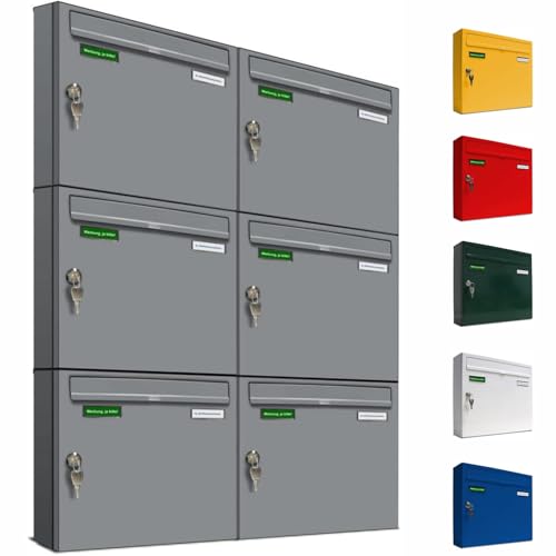 AL Briefkastensysteme Basic 6er Briefkasten RAL 9006 Weiß Aluminium Silber Edelstahl-farbig 6 Fach DIN A4 wetterfest Briefkastenanlage mit Posthaltebügel und 2 Namensschildern von AL Briefkastensysteme