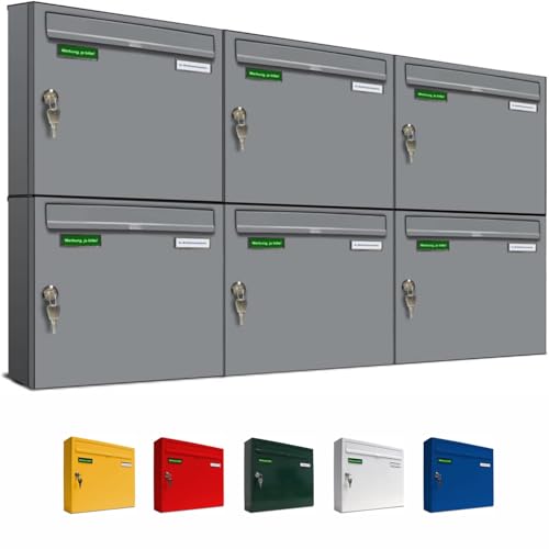 AL Briefkastensysteme Basic 6er Briefkasten RAL 9006 Weiß Aluminium Silber Edelstahl-farbig 6 Fach DIN A4 wetterfest Briefkastenanlage mit Posthaltebügel und 2 Namensschildern von AL Briefkastensysteme