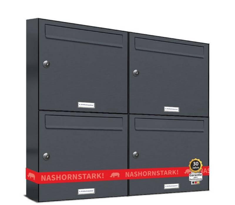 AL Briefkastensysteme Wandbriefkasten 4 Fach Premium Briefkasten A4 in RAL 7016 Anthrazit Grau wetterfest von AL Briefkastensysteme