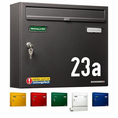 AL Briefkastensysteme Briefkasten Anthrazit mit Hausnummer DB 703 - Basic 1er Briefkasten Anthrazit mit Namen und Hausnummer wetterfest Din A4 - Postkasten mit Hausnummernschild personalisiert von AL Briefkastensysteme