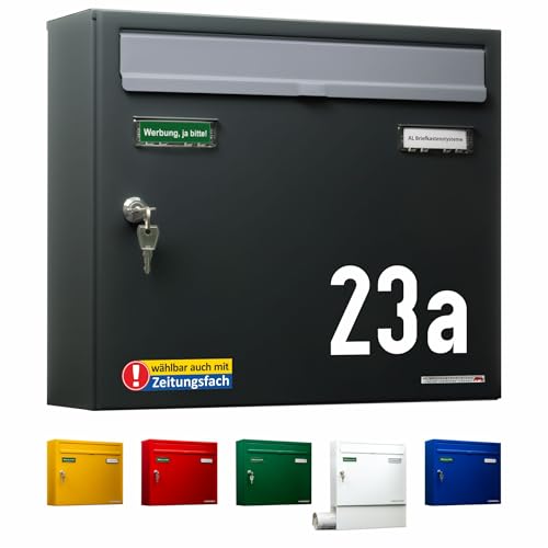 AL Briefkastensysteme Briefkasten Anthrazit mit Hausnummer RAL 7016 - Basic 1er Briefkasten Anthrazit mit Namen und Hausnummer wetterfest Din A4 - Postkasten mit Hausnummernschild personalisiert von AL Briefkastensysteme