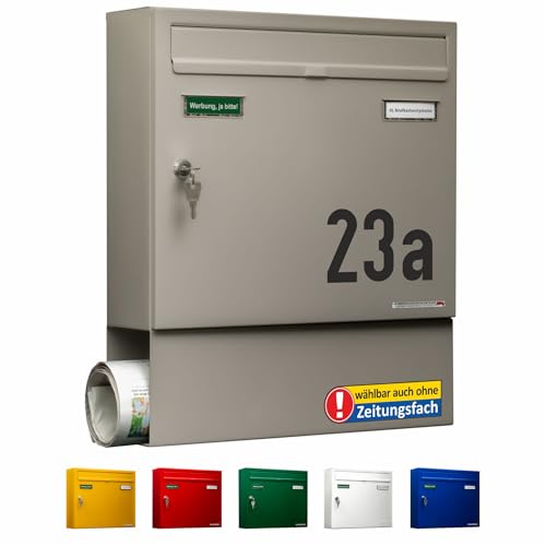 AL Briefkastensysteme Briefkasten mit Hausnummer hellgrau RAL 9006 - Basic 1er Briefkasten mit Zeitungsfach und Namensschild wetterfest Din A4 - Postkasten mit Hausnummernschild personalisiert von AL Briefkastensysteme