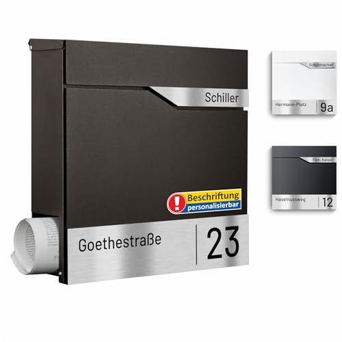 AL Briefkasten Systeme Laser-Line 1er personalisiert mit Namen + Hausnummer - Postkasten DB 703 Eisenglimmer modern mit Zeitungsfach Gravur und Absenkautomatik Wandbriefkasten Zaunbriefkasten von AL Briefkastensysteme
