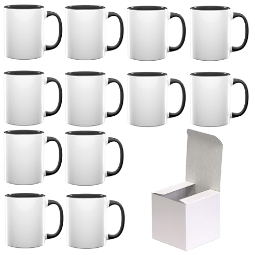 AL PRODUCTION Set mit 12 Sublimationstassen mit Box, 330 ml weiße Keramiktassen für Kaffee, Tee, Milch, geeignet für Subliamtdruck (Schwarz, 12 Stück) von AL PRODUCTION